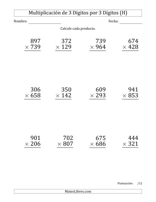 La hoja de ejercicios de Multiplicar Números de 3 Dígitos por 3 Dígitos (Formato Grande) Usando Espacios como Separadores de Millares (H)
