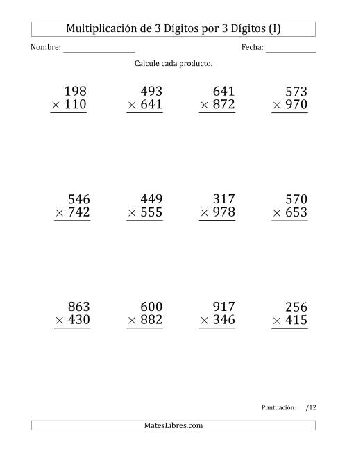 La hoja de ejercicios de Multiplicar Números de 3 Dígitos por 3 Dígitos (Formato Grande) Usando Espacios como Separadores de Millares (I)