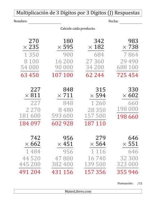 La hoja de ejercicios de Multiplicar Números de 3 Dígitos por 3 Dígitos (Formato Grande) Usando Espacios como Separadores de Millares (J) Página 2