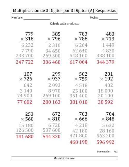 La hoja de ejercicios de Multiplicar Números de 3 Dígitos por 3 Dígitos (Formato Grande) Usando Espacios como Separadores de Millares (Todas) Página 2