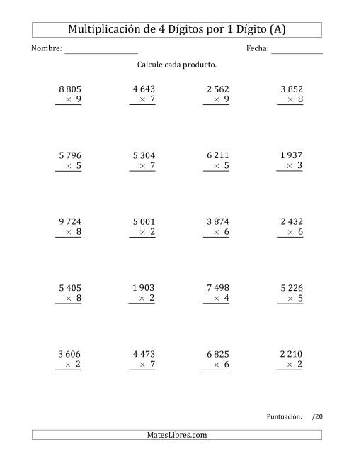 La hoja de ejercicios de Multiplicar Números de 4 Dígitos por 1 Dígito Usando Espacios como Separadores de Millares (A)