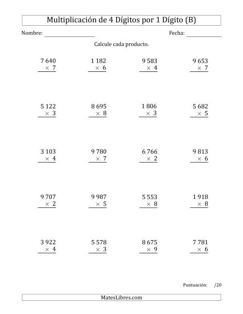 La hoja de ejercicios de Multiplicar Números de 4 Dígitos por 1 Dígito Usando Espacios como Separadores de Millares (B)