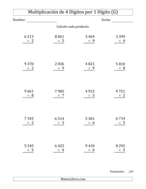 La hoja de ejercicios de Multiplicar Números de 4 Dígitos por 1 Dígito Usando Espacios como Separadores de Millares (G)