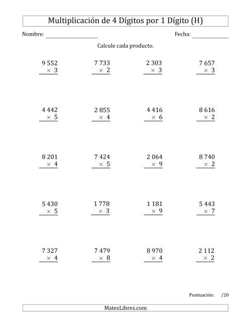 La hoja de ejercicios de Multiplicar Números de 4 Dígitos por 1 Dígito Usando Espacios como Separadores de Millares (H)