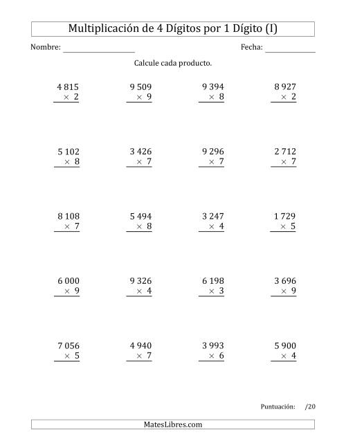 La hoja de ejercicios de Multiplicar Números de 4 Dígitos por 1 Dígito Usando Espacios como Separadores de Millares (I)