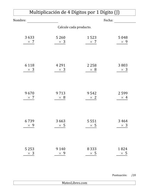 La hoja de ejercicios de Multiplicar Números de 4 Dígitos por 1 Dígito Usando Espacios como Separadores de Millares (J)