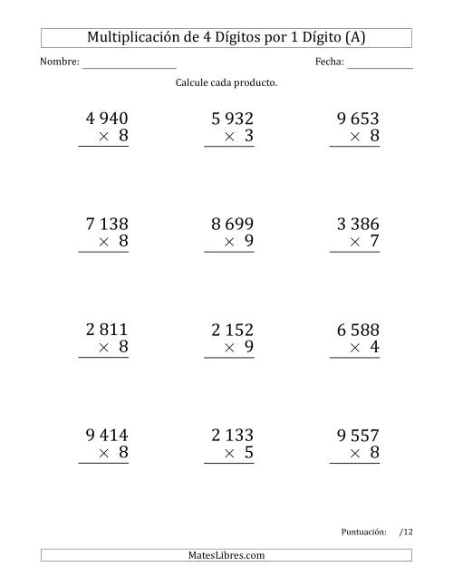 La hoja de ejercicios de Multiplicar Números de 4 Dígitos por 1 Dígito (Formato Grande) Usando Espacios como Separadores de Millares (A)
