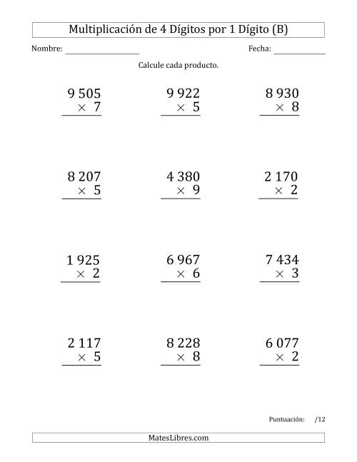 La hoja de ejercicios de Multiplicar Números de 4 Dígitos por 1 Dígito (Formato Grande) Usando Espacios como Separadores de Millares (B)