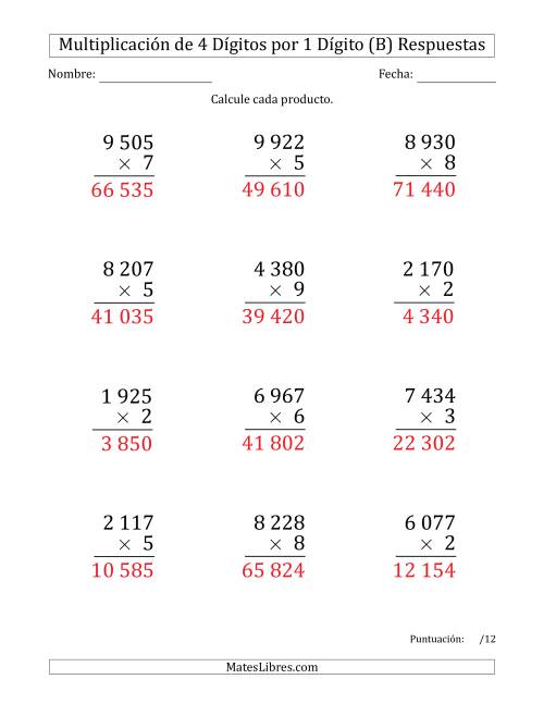 La hoja de ejercicios de Multiplicar Números de 4 Dígitos por 1 Dígito (Formato Grande) Usando Espacios como Separadores de Millares (B) Página 2