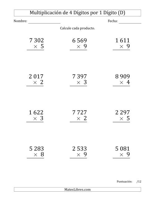La hoja de ejercicios de Multiplicar Números de 4 Dígitos por 1 Dígito (Formato Grande) Usando Espacios como Separadores de Millares (D)