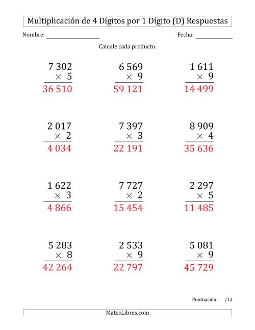 La hoja de ejercicios de Multiplicar Números de 4 Dígitos por 1 Dígito (Formato Grande) Usando Espacios como Separadores de Millares (D) Página 2