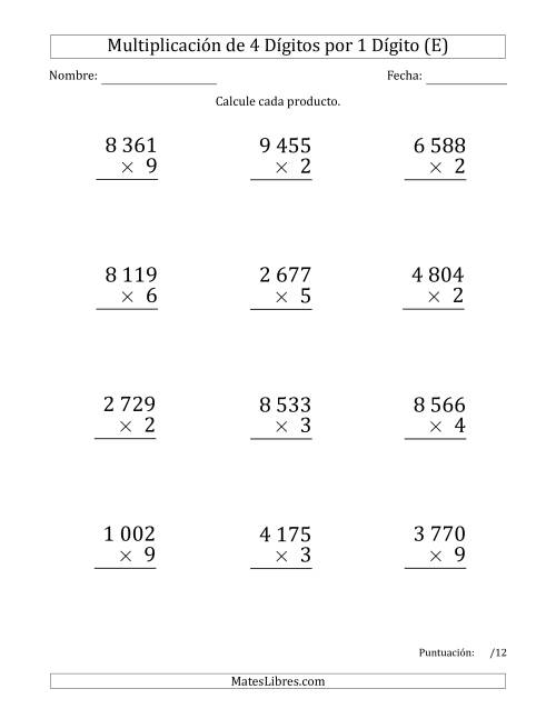 La hoja de ejercicios de Multiplicar Números de 4 Dígitos por 1 Dígito (Formato Grande) Usando Espacios como Separadores de Millares (E)