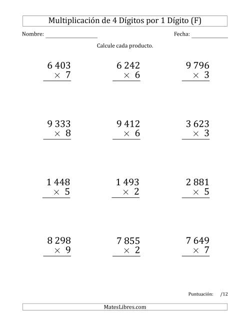 La hoja de ejercicios de Multiplicar Números de 4 Dígitos por 1 Dígito (Formato Grande) Usando Espacios como Separadores de Millares (F)