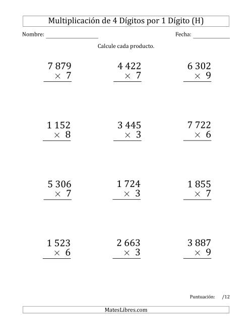 La hoja de ejercicios de Multiplicar Números de 4 Dígitos por 1 Dígito (Formato Grande) Usando Espacios como Separadores de Millares (H)