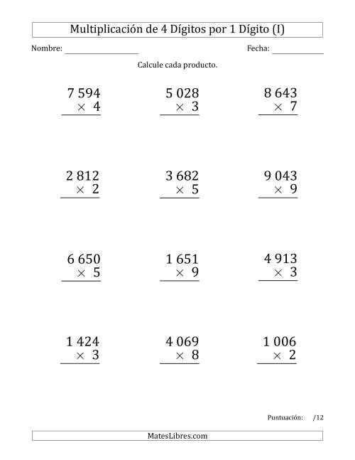 La hoja de ejercicios de Multiplicar Números de 4 Dígitos por 1 Dígito (Formato Grande) Usando Espacios como Separadores de Millares (I)