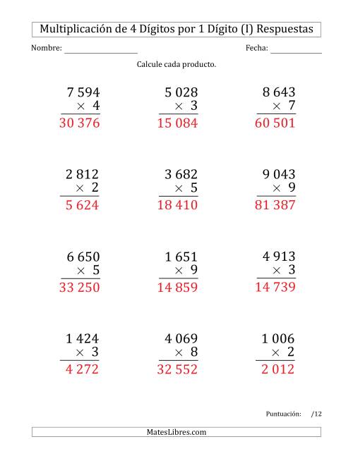 La hoja de ejercicios de Multiplicar Números de 4 Dígitos por 1 Dígito (Formato Grande) Usando Espacios como Separadores de Millares (I) Página 2