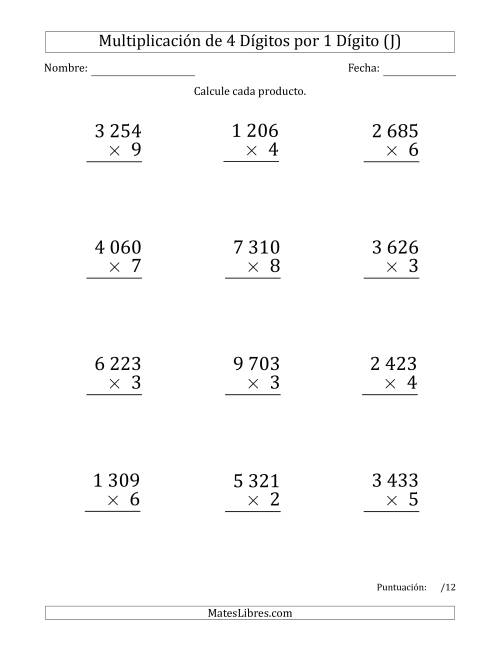La hoja de ejercicios de Multiplicar Números de 4 Dígitos por 1 Dígito (Formato Grande) Usando Espacios como Separadores de Millares (J)