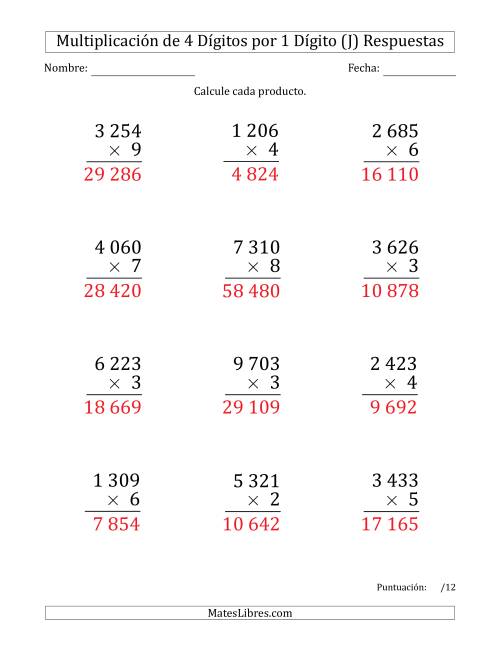 La hoja de ejercicios de Multiplicar Números de 4 Dígitos por 1 Dígito (Formato Grande) Usando Espacios como Separadores de Millares (J) Página 2