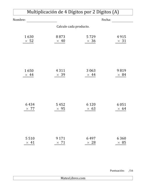 La hoja de ejercicios de Multiplicar Números de 4 Dígitos por 2 Dígitos Usando Espacios como Separadores de Millares (A)