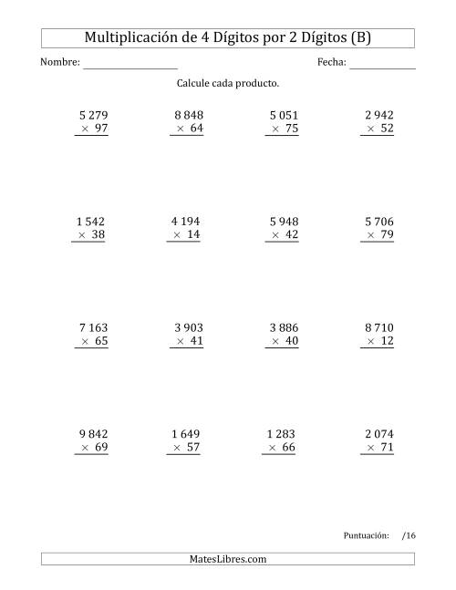 La hoja de ejercicios de Multiplicar Números de 4 Dígitos por 2 Dígitos Usando Espacios como Separadores de Millares (B)