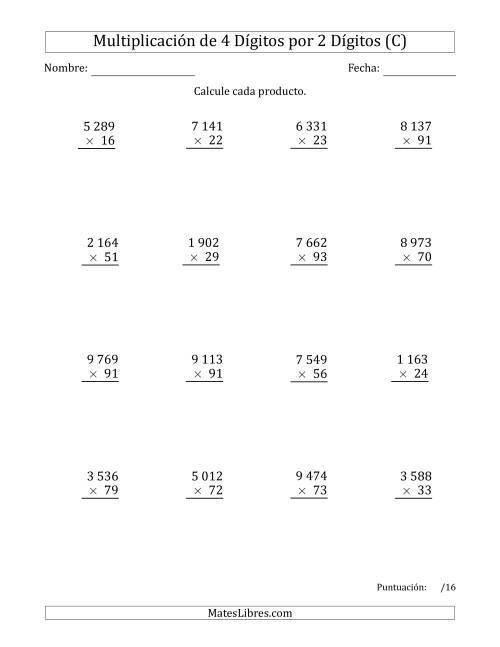 La hoja de ejercicios de Multiplicar Números de 4 Dígitos por 2 Dígitos Usando Espacios como Separadores de Millares (C)
