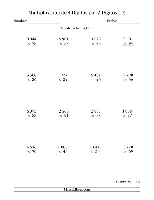 La hoja de ejercicios de Multiplicar Números de 4 Dígitos por 2 Dígitos Usando Espacios como Separadores de Millares (D)