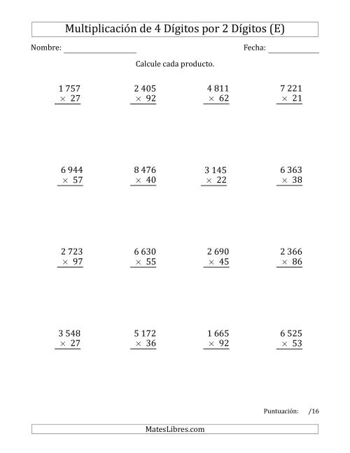 La hoja de ejercicios de Multiplicar Números de 4 Dígitos por 2 Dígitos Usando Espacios como Separadores de Millares (E)