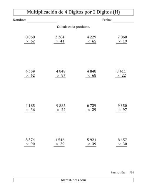 La hoja de ejercicios de Multiplicar Números de 4 Dígitos por 2 Dígitos Usando Espacios como Separadores de Millares (H)
