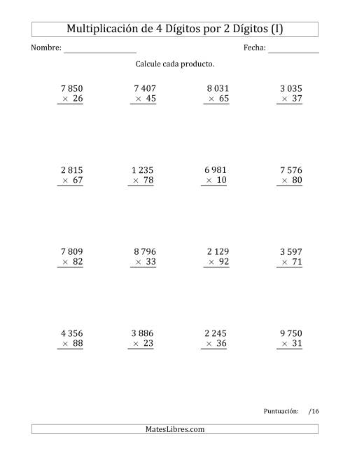 La hoja de ejercicios de Multiplicar Números de 4 Dígitos por 2 Dígitos Usando Espacios como Separadores de Millares (I)