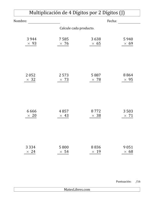 La hoja de ejercicios de Multiplicar Números de 4 Dígitos por 2 Dígitos Usando Espacios como Separadores de Millares (J)