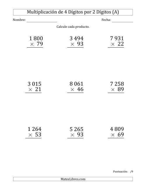 La hoja de ejercicios de Multiplicar Números de 4 Dígitos por 2 Dígitos (Formato Grande) Usando Espacios como Separadores de Millares (A)