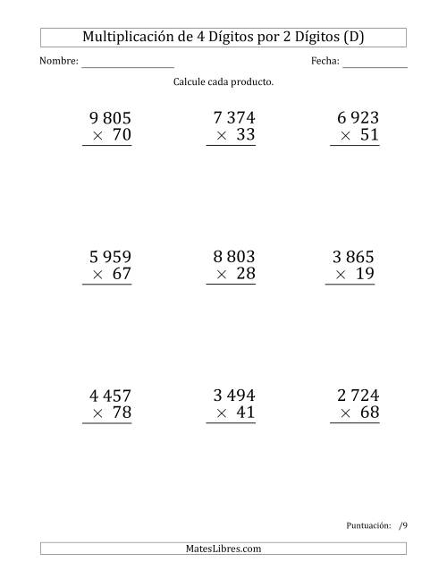 La hoja de ejercicios de Multiplicar Números de 4 Dígitos por 2 Dígitos (Formato Grande) Usando Espacios como Separadores de Millares (D)