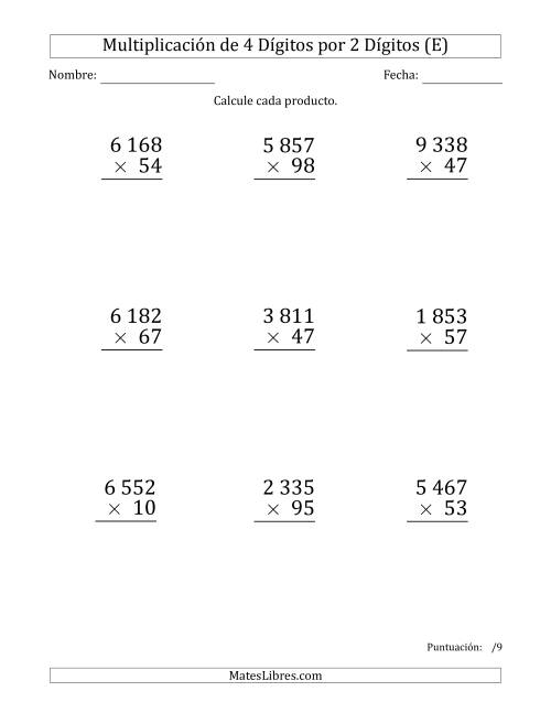 La hoja de ejercicios de Multiplicar Números de 4 Dígitos por 2 Dígitos (Formato Grande) Usando Espacios como Separadores de Millares (E)