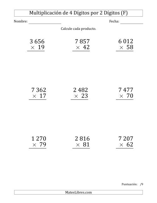 La hoja de ejercicios de Multiplicar Números de 4 Dígitos por 2 Dígitos (Formato Grande) Usando Espacios como Separadores de Millares (F)