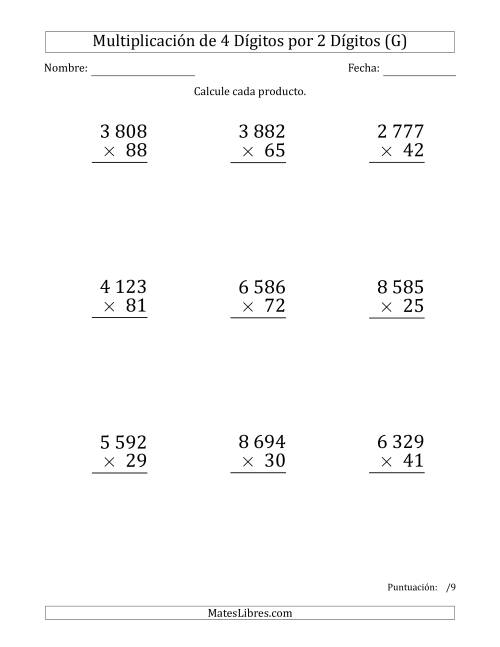 La hoja de ejercicios de Multiplicar Números de 4 Dígitos por 2 Dígitos (Formato Grande) Usando Espacios como Separadores de Millares (G)