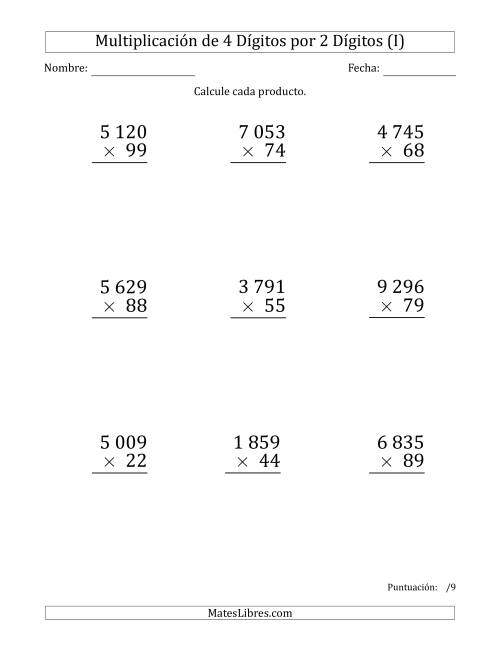 La hoja de ejercicios de Multiplicar Números de 4 Dígitos por 2 Dígitos (Formato Grande) Usando Espacios como Separadores de Millares (I)