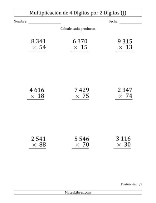 La hoja de ejercicios de Multiplicar Números de 4 Dígitos por 2 Dígitos (Formato Grande) Usando Espacios como Separadores de Millares (J)
