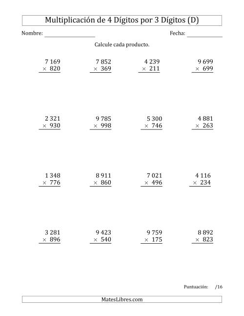 La hoja de ejercicios de Multiplicar Números de 4 Dígitos por 3 Dígitos Usando Espacios como Separadores de Millares (D)