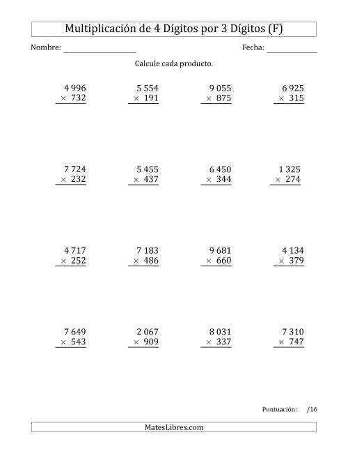 La hoja de ejercicios de Multiplicar Números de 4 Dígitos por 3 Dígitos Usando Espacios como Separadores de Millares (F)