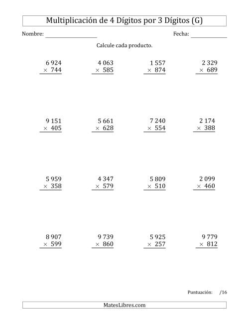 La hoja de ejercicios de Multiplicar Números de 4 Dígitos por 3 Dígitos Usando Espacios como Separadores de Millares (G)