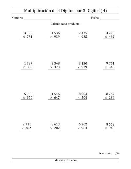 La hoja de ejercicios de Multiplicar Números de 4 Dígitos por 3 Dígitos Usando Espacios como Separadores de Millares (H)