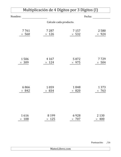 La hoja de ejercicios de Multiplicar Números de 4 Dígitos por 3 Dígitos Usando Espacios como Separadores de Millares (I)