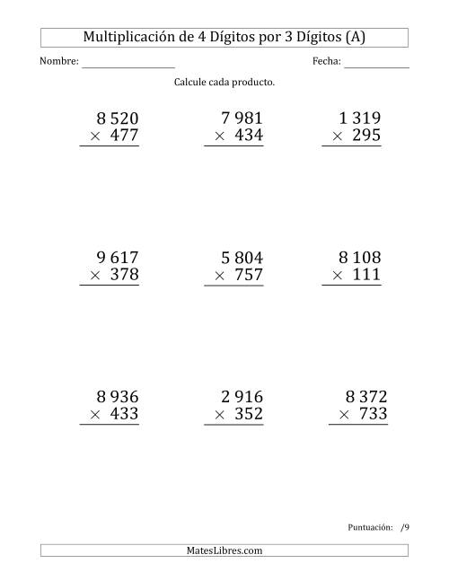 La hoja de ejercicios de Multiplicar Números de 4 Dígitos por 3 Dígitos (Formato Grande) Usando Espacios como Separadores de Millares (A)