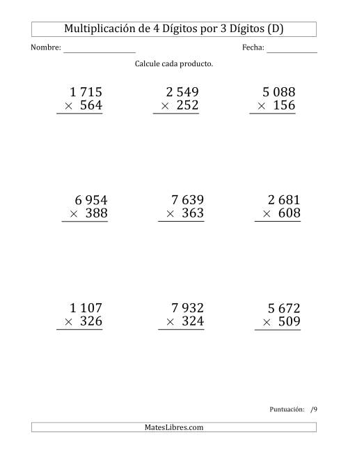 La hoja de ejercicios de Multiplicar Números de 4 Dígitos por 3 Dígitos (Formato Grande) Usando Espacios como Separadores de Millares (D)