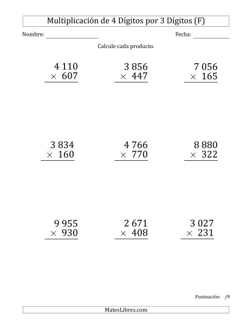 La hoja de ejercicios de Multiplicar Números de 4 Dígitos por 3 Dígitos (Formato Grande) Usando Espacios como Separadores de Millares (F)