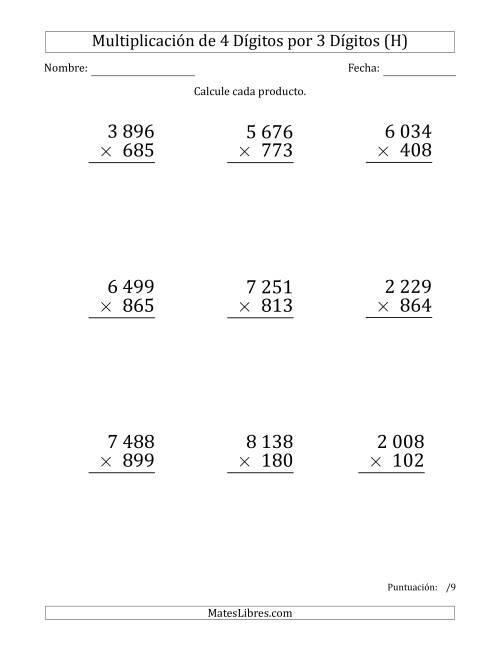 La hoja de ejercicios de Multiplicar Números de 4 Dígitos por 3 Dígitos (Formato Grande) Usando Espacios como Separadores de Millares (H)
