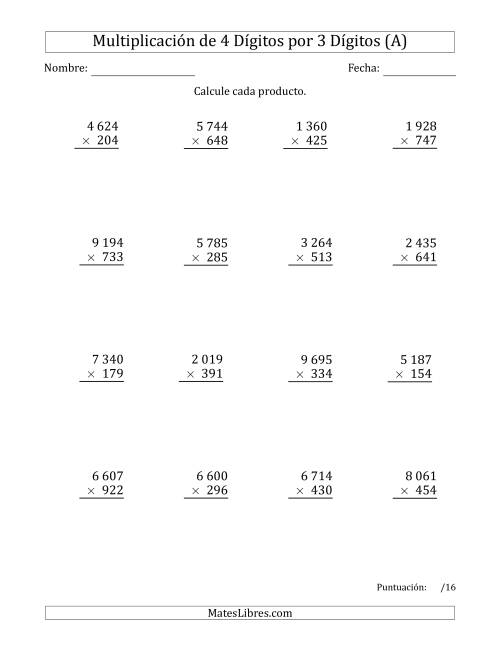 La hoja de ejercicios de Multiplicar Números de 4 Dígitos por 3 Dígitos Usando Espacios como Separadores de Millares (Todas)