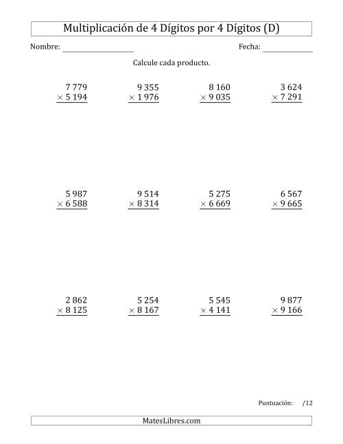 La hoja de ejercicios de Multiplicar Números de 4 Dígitos por 4 Dígitos Usando Espacios como Separadores de Millares (D)