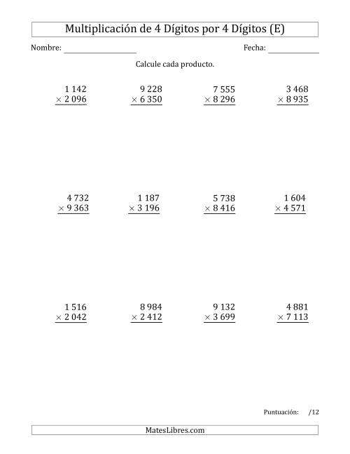 La hoja de ejercicios de Multiplicar Números de 4 Dígitos por 4 Dígitos Usando Espacios como Separadores de Millares (E)