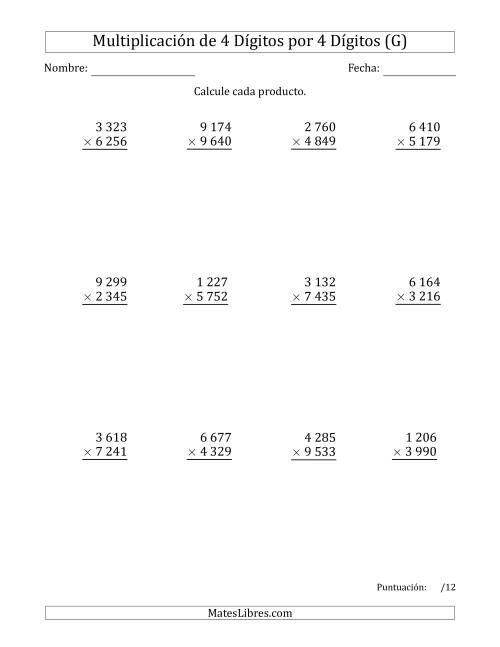 La hoja de ejercicios de Multiplicar Números de 4 Dígitos por 4 Dígitos Usando Espacios como Separadores de Millares (G)